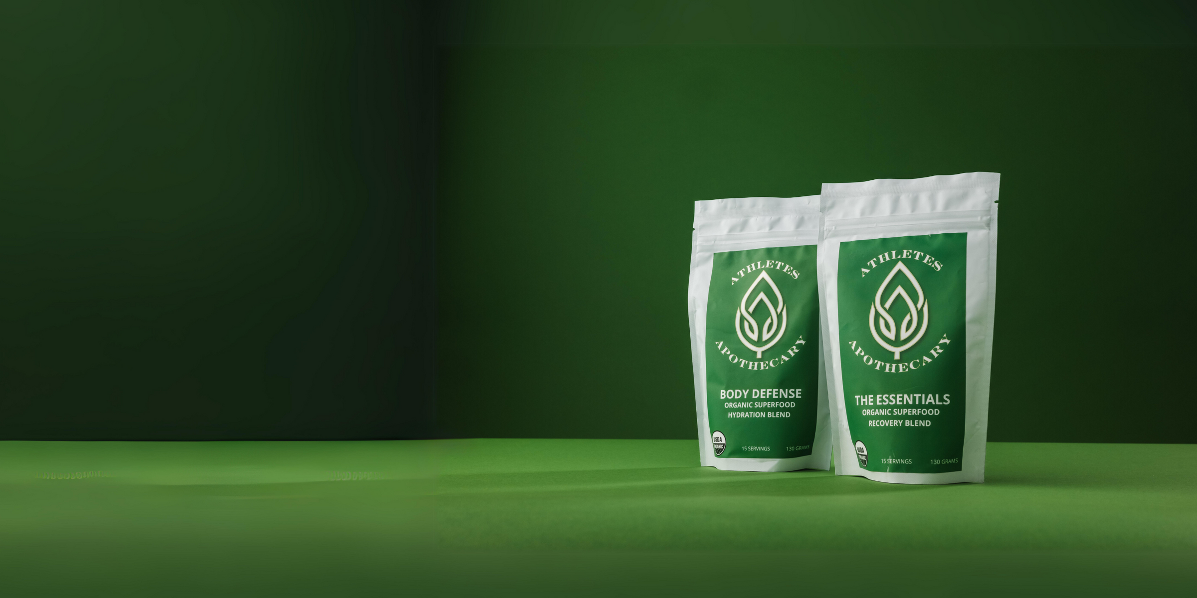 Superfood blends for athletes with a green back drop
