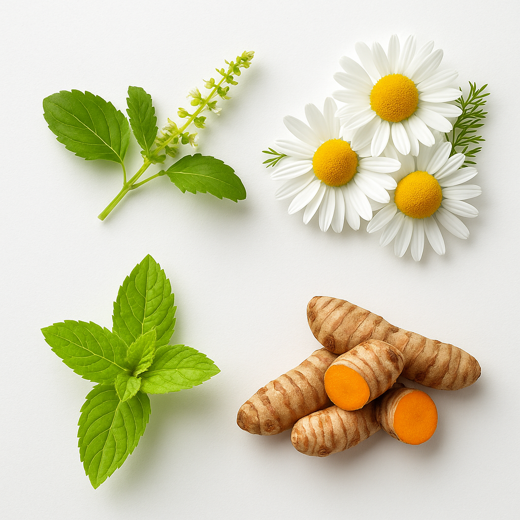 Turmeric roots with basil leaves, spearmint, and chamomile on a white background