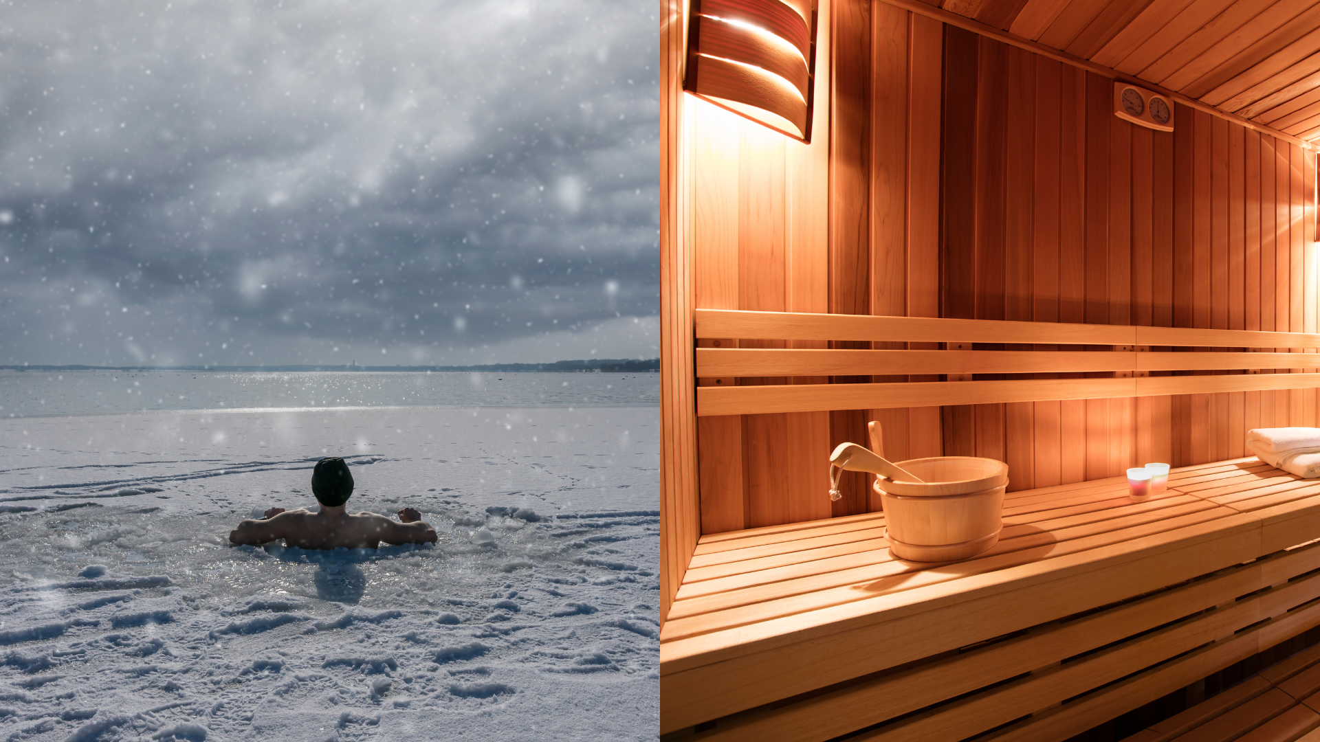 A split screen of a cold plunge and sauna