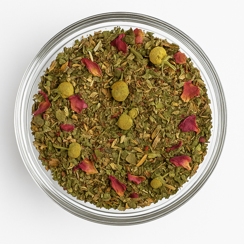 Herbal tea mix with green leaves, red flowers, and yellow balls in a glass bowl on a white background