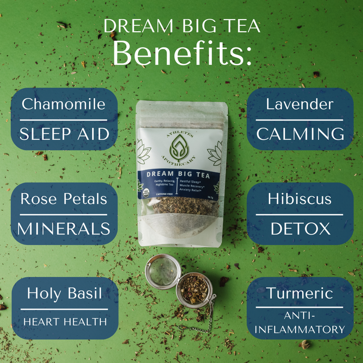 A graphic showing the benefits of a loose leaf nighttime tea blend