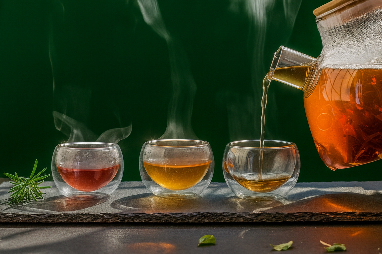 Tea being poured from a teapot into three glass cups with steam rising against a dark background.