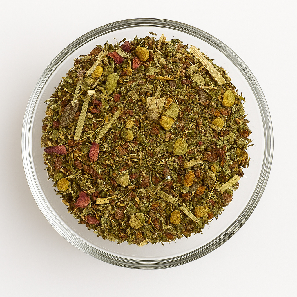 Herbal mix in a glass bowl on a white background