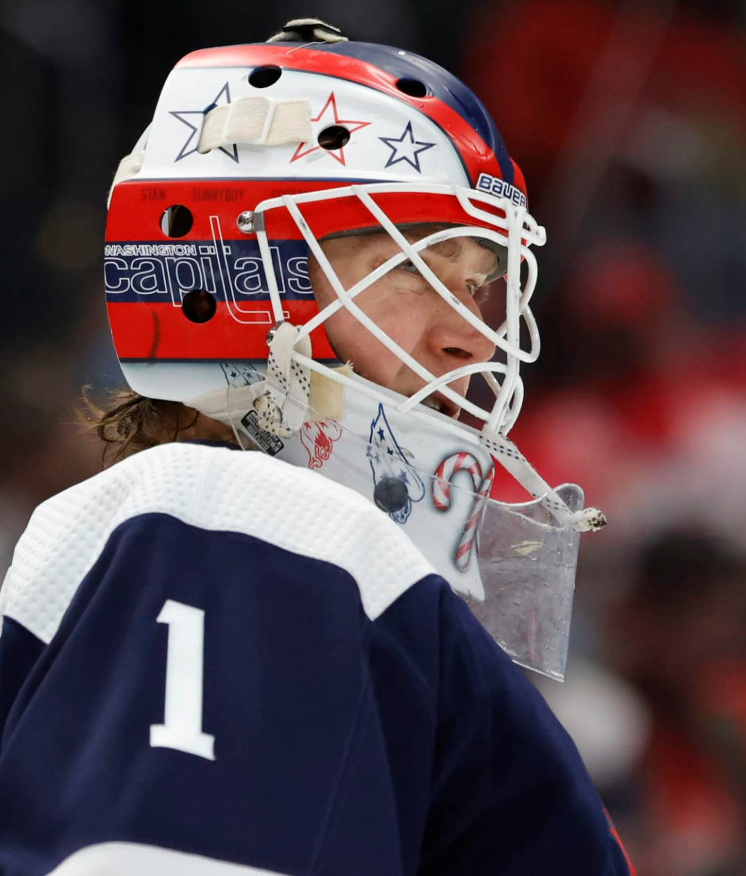 Pheonix Copley of the Washington Capitals looks on at the action during an NHL game 