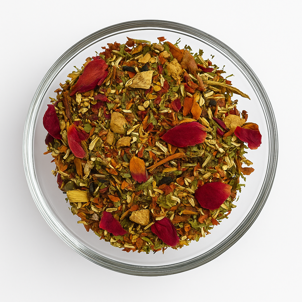 Herbal tea mix with red petals in a glass bowl on a white background