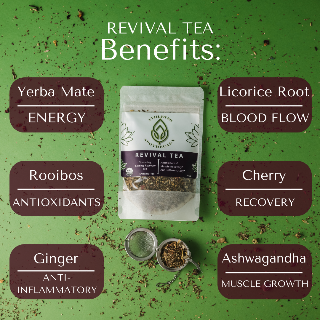 A graphic showing the benefits of a loose leaf tea recovery blend 