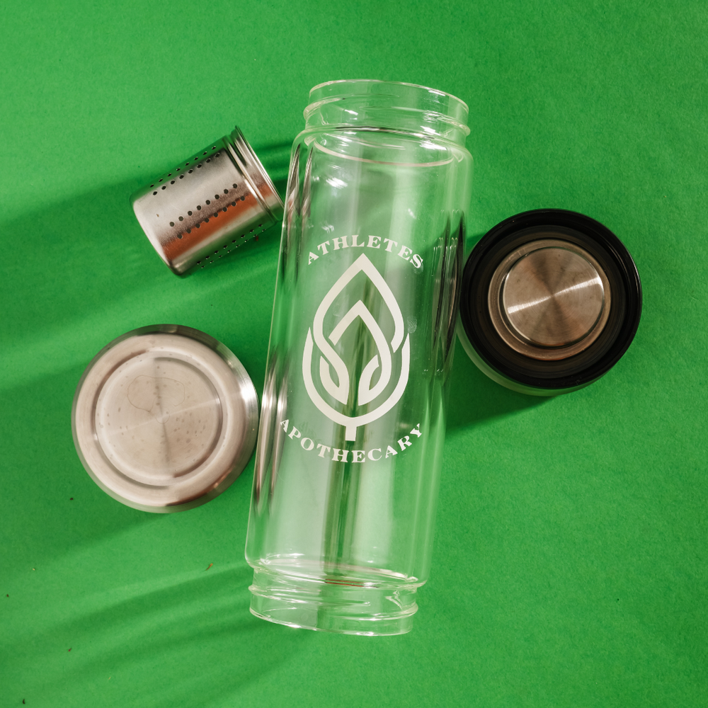Product photo of tea infuser bottle showcasing its parts